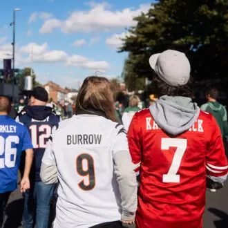 NFL fans walking to the NFL London game.