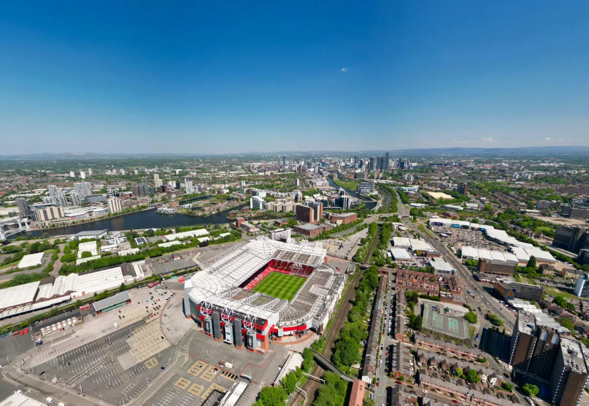 Old Trafford aerial shot in the sunshine.