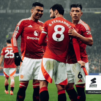 Manchester United players celebrating a goal.