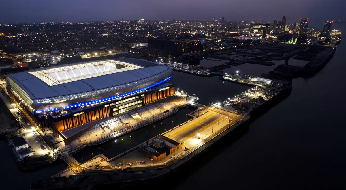 Panoramic shot at night of the new Everton Stadium, Bramley Moore Dock.