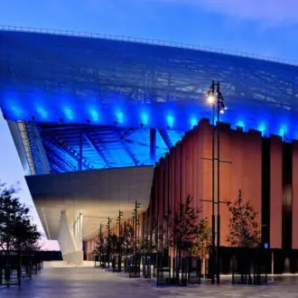 New Everton Stadium at dusk.