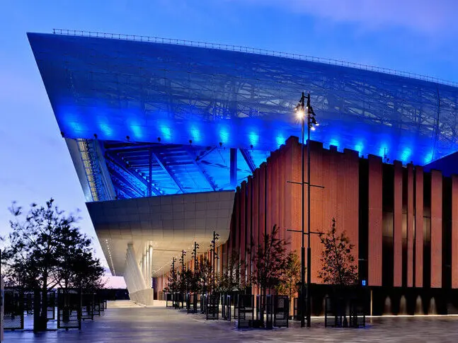 New Everton Stadium at dusk.
