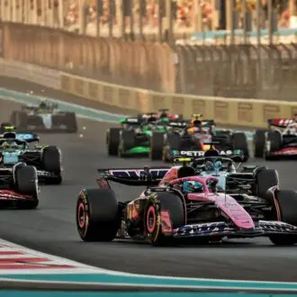 Close up of the F1 cars racing at the Yas Marina Circuit in Abu Dhabi.