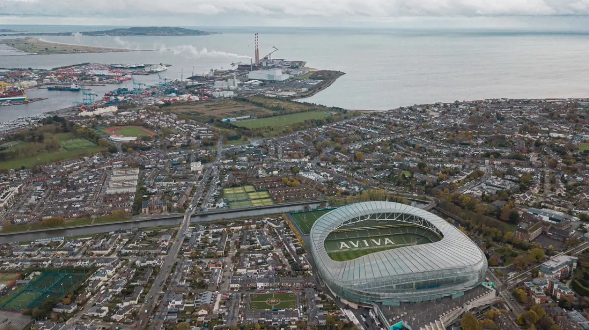 Arial shot above the Aviva Stadium in Dublin.