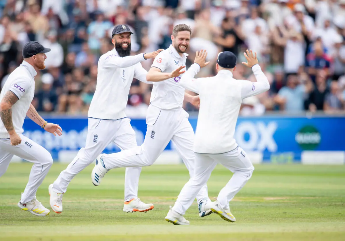 Players celebrating taking a wicket at Headingley Cricket Ground.