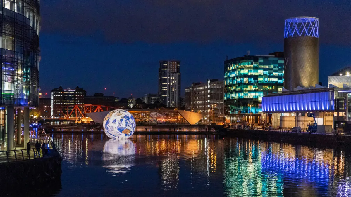 Manchester, Salford Quays at night.