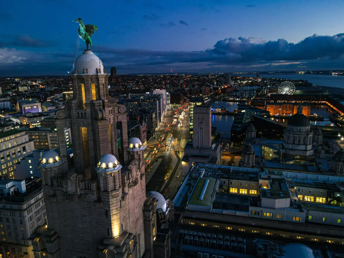 Liverpool cityscape at night.
