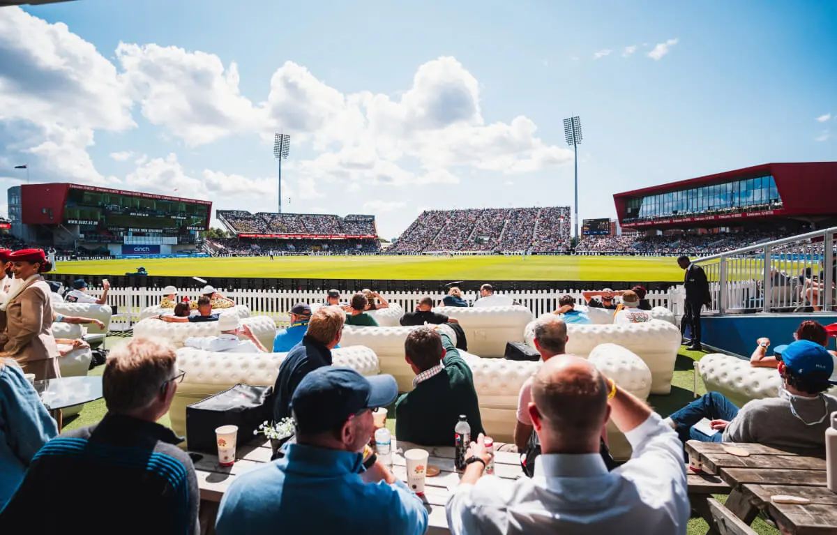 View of the wicket from the SportsBreaks Terrace and sofas at Emirates Old Trafford.