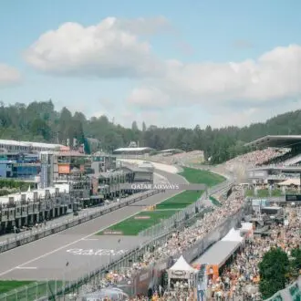 Grandstand view on the home straight of the Belgian Grand Prix.