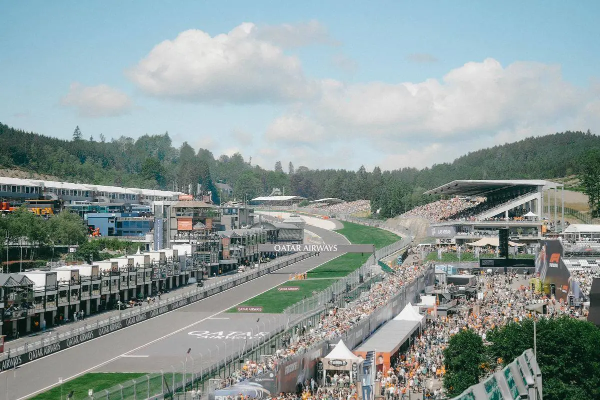 Grandstand view on the home straight of the Belgian Grand Prix.