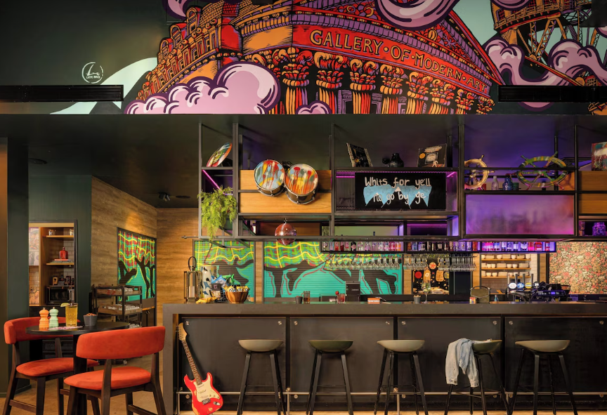 Moxy Glasgow hotel lobby.