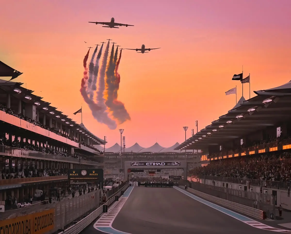 Plane flies over the start line for the Abu Dhabi Grand Prix.