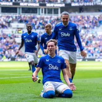 James Garner celebrates at Hill Dickinson Stadium, 2-0 to Everton.