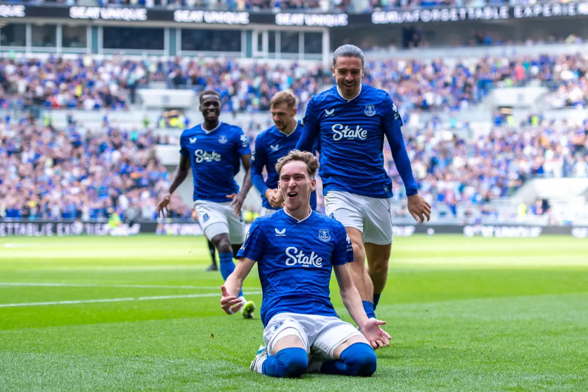 James Garner celebrates at Hill Dickinson Stadium, 2-0 to Everton.