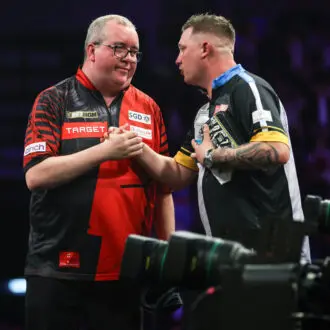 Bunting and Price shake hands at the PL Darts 2025.