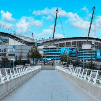 Outside the Etihad Stadium, Manchester.