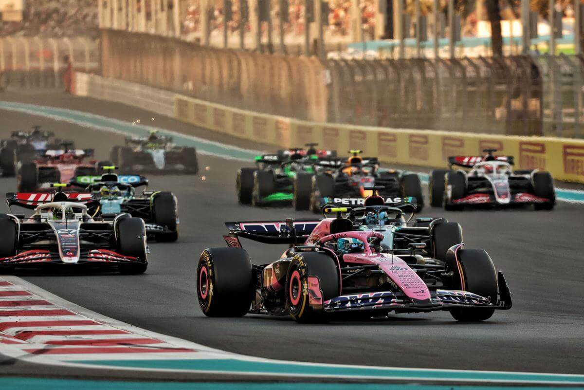 Close up of the F1 cars racing at the Yas Marina Circuit in Abu Dhabi.