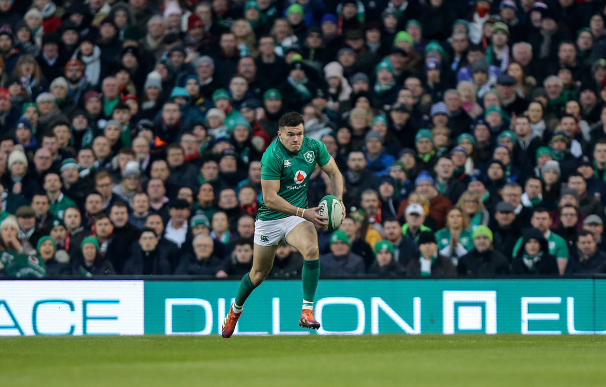 Ireland Rugby player receives the ball.