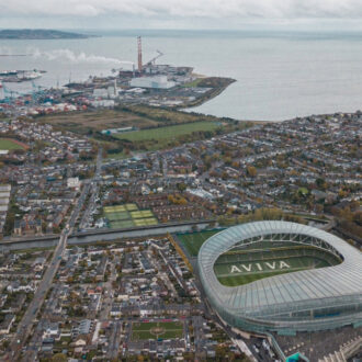Arial shot above the Aviva Stadium in Dublin.