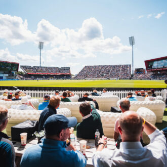 View of the wicket from the SportsBreaks Terrace and sofas at Emirates Old Trafford.