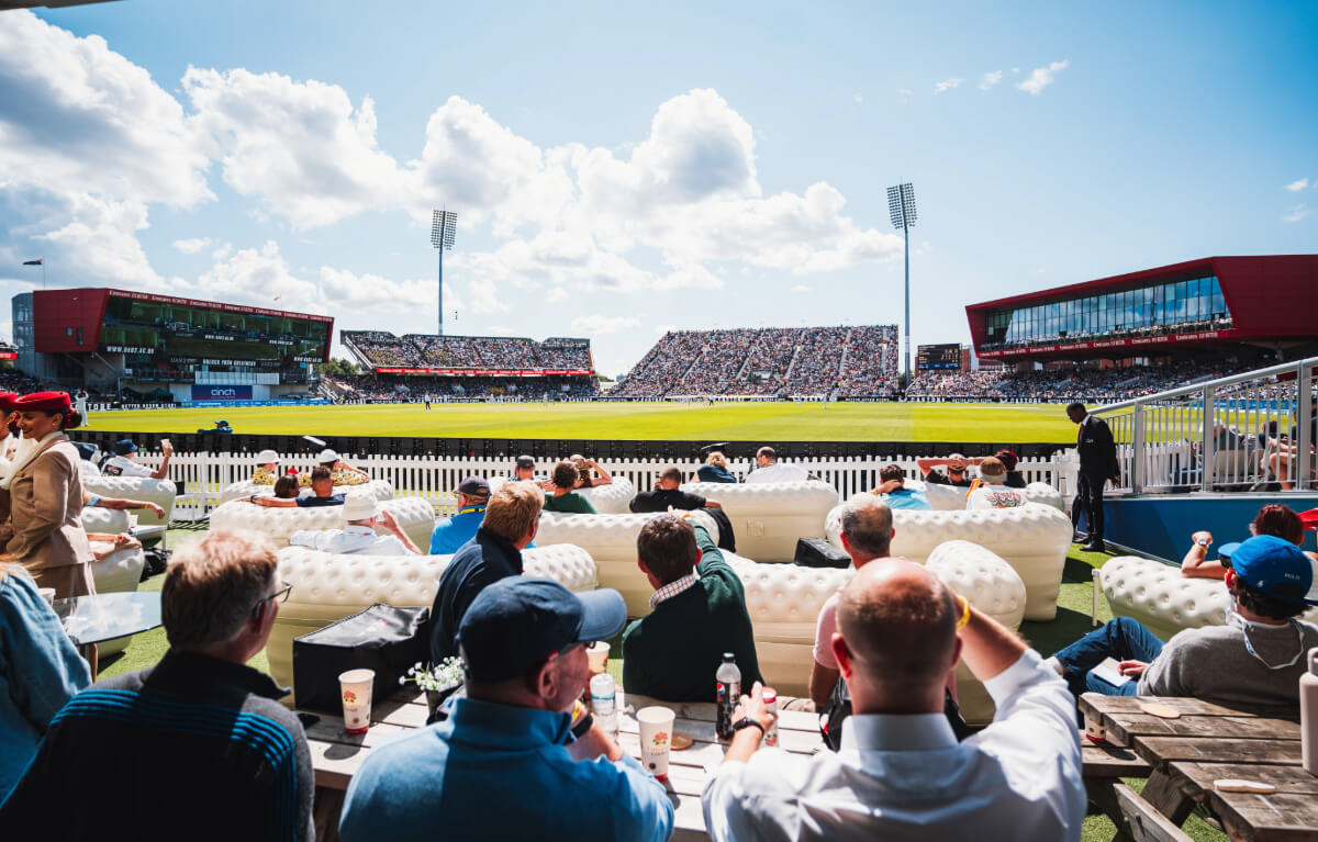 View of the wicket from the SportsBreaks Terrace and sofas at Emirates Old Trafford.