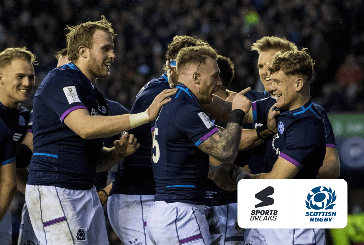 Scottish Rugby players celebrating scoring a try at Scottish Gas Murrayfield.