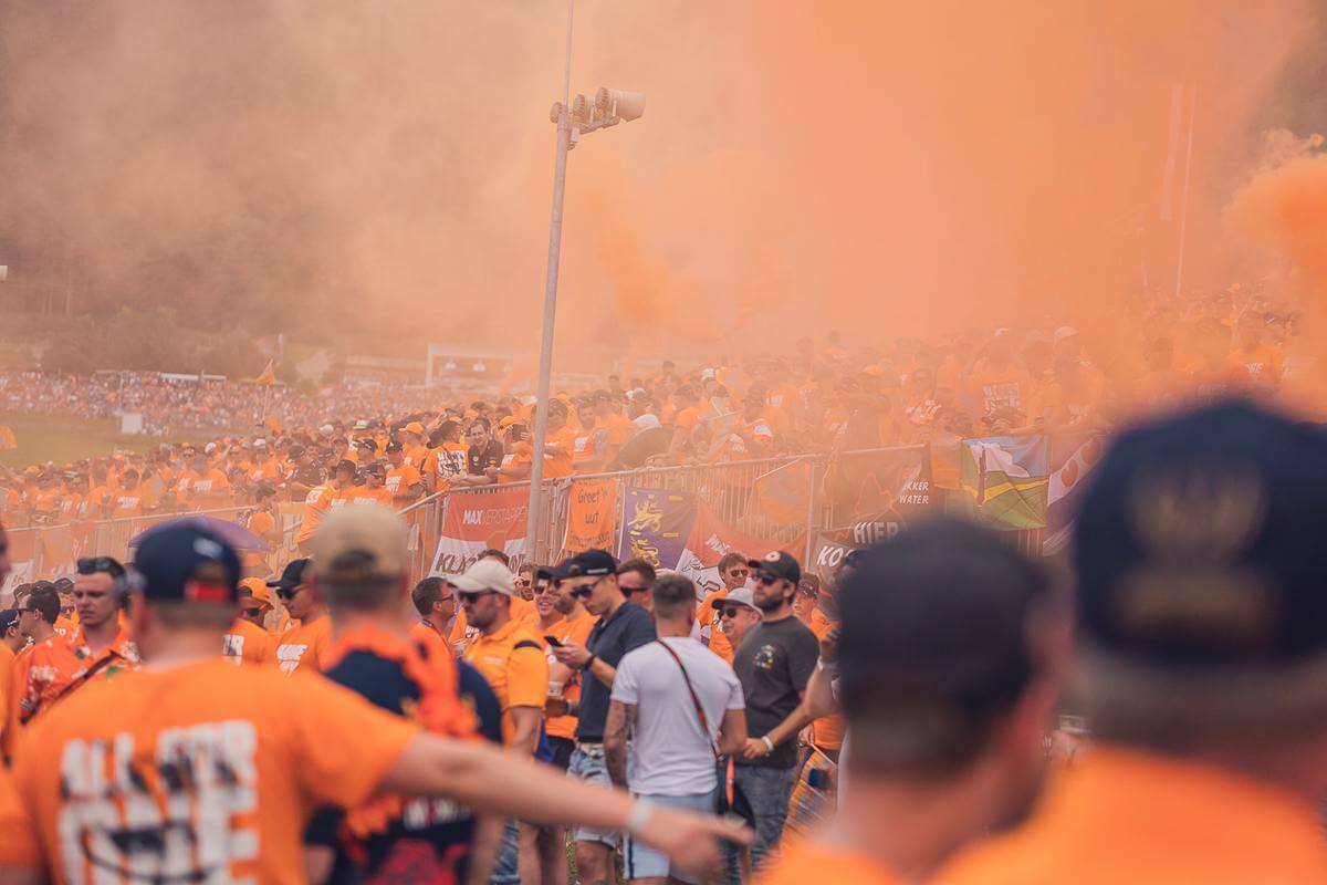 Cloud of orange flares at Zandvoort Circuit, as Dutch fans enjoy the Dutch Grand Prix.