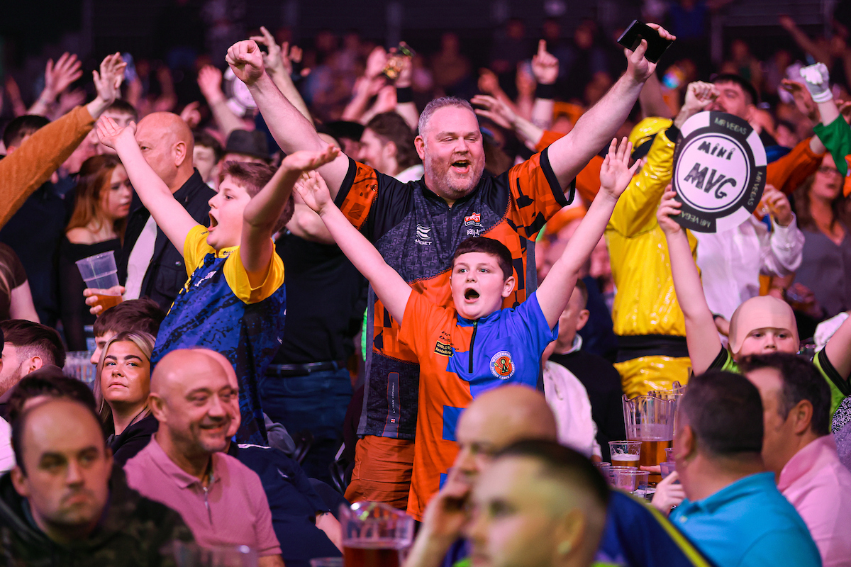 Fans celebrating at Mr Vegas Grand Slam of Darts