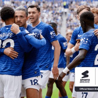 Everton players celebrate at Hill Dickinson Stadium