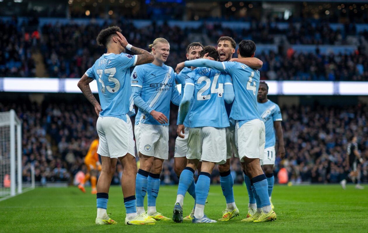 Man City players celebrate against Leeds United.