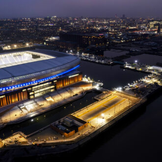 Panoramic shot at night of the new Everton Stadium, Bramley Moore Dock.