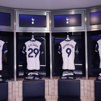 Tottenham Hotspur changing rooms with players shirts.