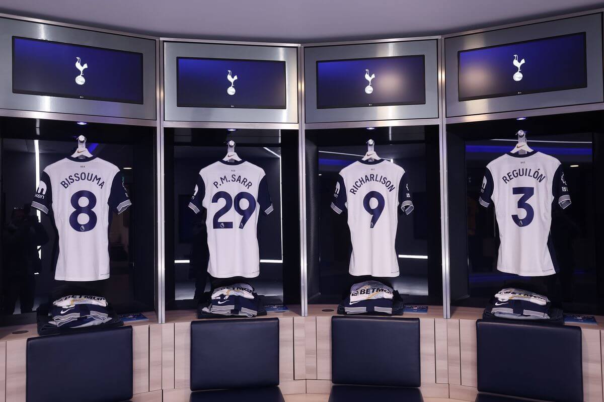 Tottenham Hotspur changing rooms with players shirts.