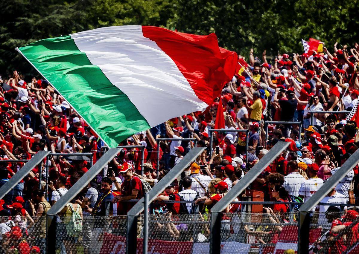 Italian F1 fans in the crowd for the Imola Grand Prix.