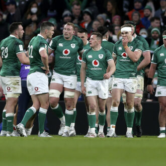 Ireland Rugby Players celebrating at the Aviva Stadium during the 2022 Six Nations.