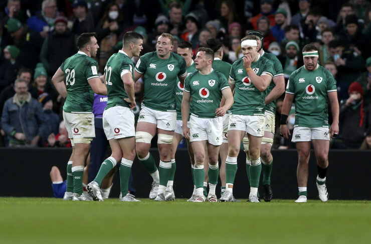 Ireland Rugby Players celebrating at the Aviva Stadium during the 2022 Six Nations.