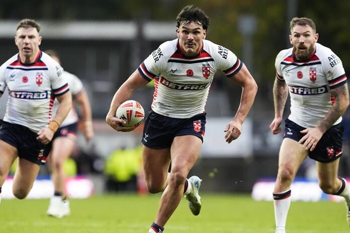 England Rugby League players carry the ball.
